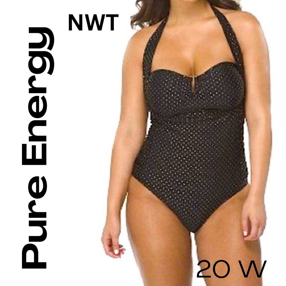 Pure Energy One Piece Swimsuit 20 W Black Ebony w/ Gold Pin Dot Halter Tie NEW